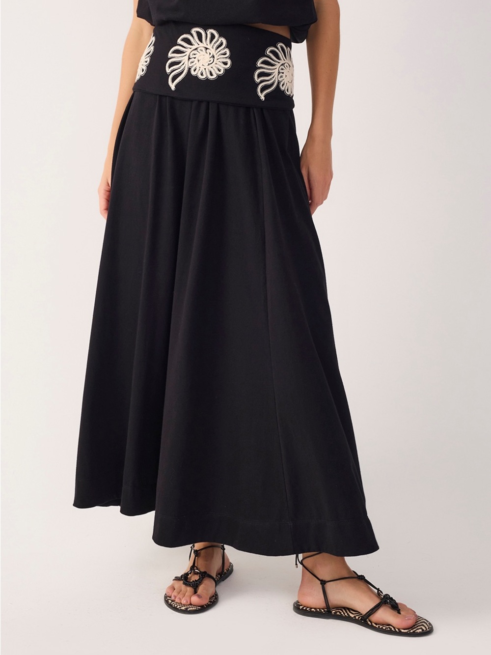 Black Maxi Skirt with Cream Embroidered Waistband